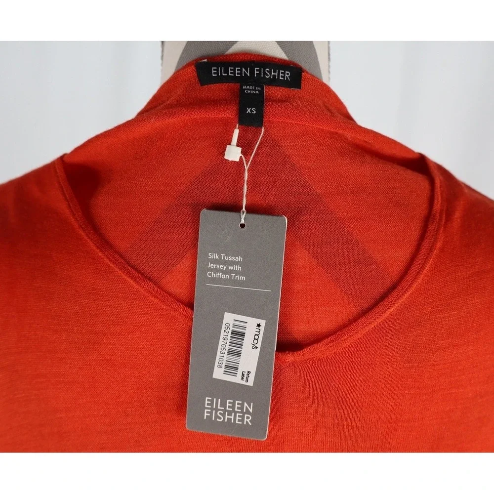 NWT Eileen Fisher Silk Tussah Jersey Chiffon Trim Tunic Top Red XS *READ*